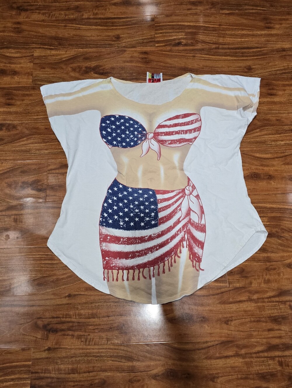 Vintage Bikini Coverup T Shirt LA Imprints USA Flag Pattern One Size